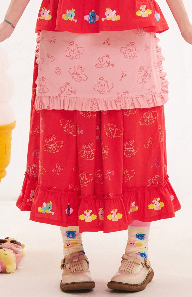 動物天使重工刺繡紅色半裙 松緊腰圍裙可拆卸 可愛 - 裙子/長裙 - 棉．麻 多色