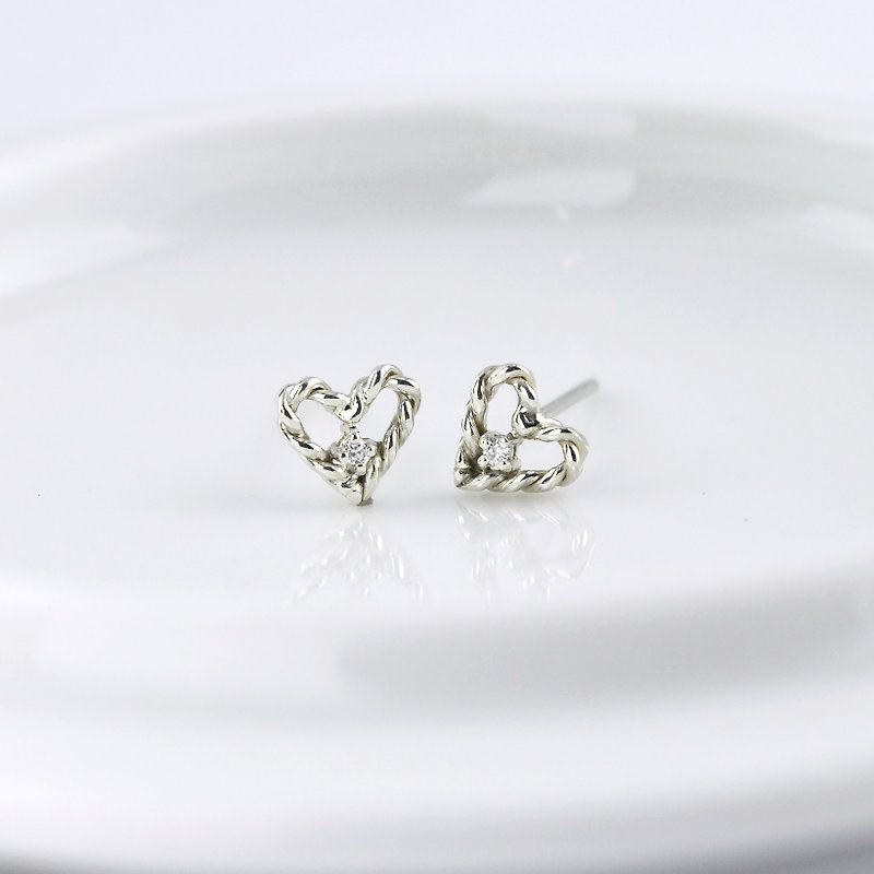 Sterling Silver Twisted Heart Frame Earrings with CZ diamond - Earrings & Clip-ons - Sterling Silver Silver