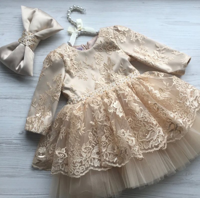 Gold lace dress with tulle, pearls and big bow, comes with headband. - Kids' Dresses - Other Metals Gold