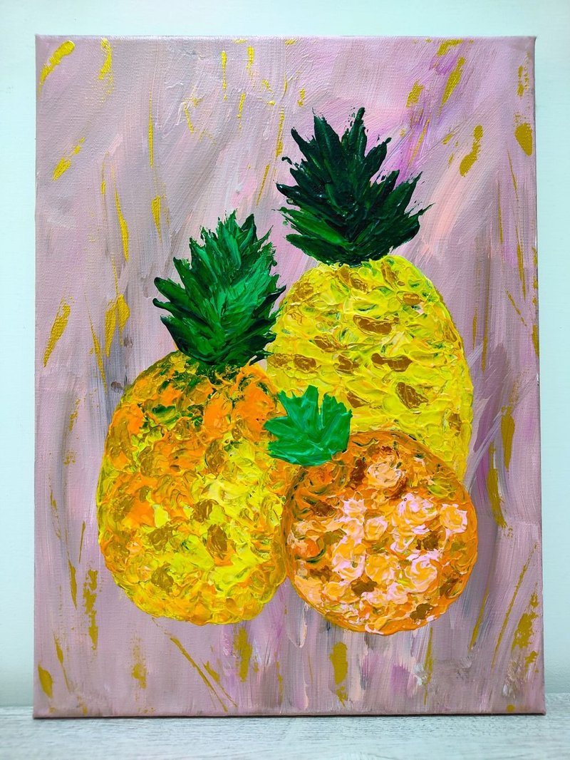 【3つの丸々としたパイナップル】アクリルボードアート／ウォールアート／オリジナルペインティング／新築祝い・開店祝い／ギフト - 置物 - コットン・麻 