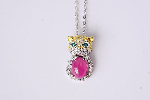 roseandmarry Natural Ruby Pendant Cat Design and Necklace Sterling Silver 925.
