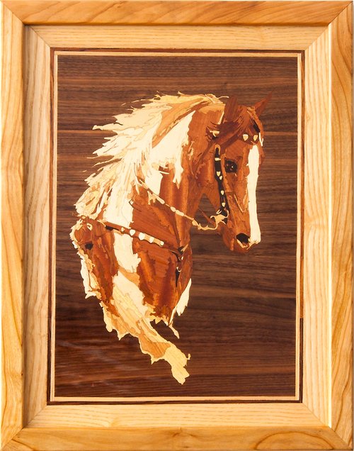 Woodins Horse wood mosaic picture veneer inlay marquetry wall art framed panel home
