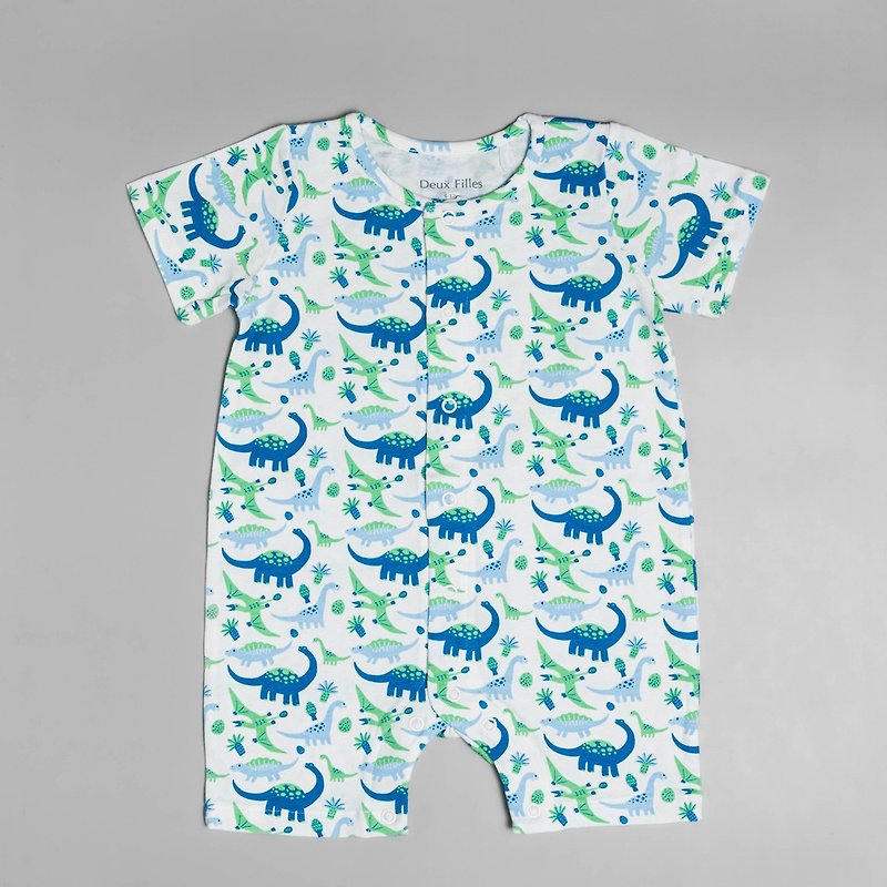 [Deux Filles organic cotton] baby short-sleeved front button jumpsuit/newborn onesies dinosaur - Onesies - Cotton & Hemp 