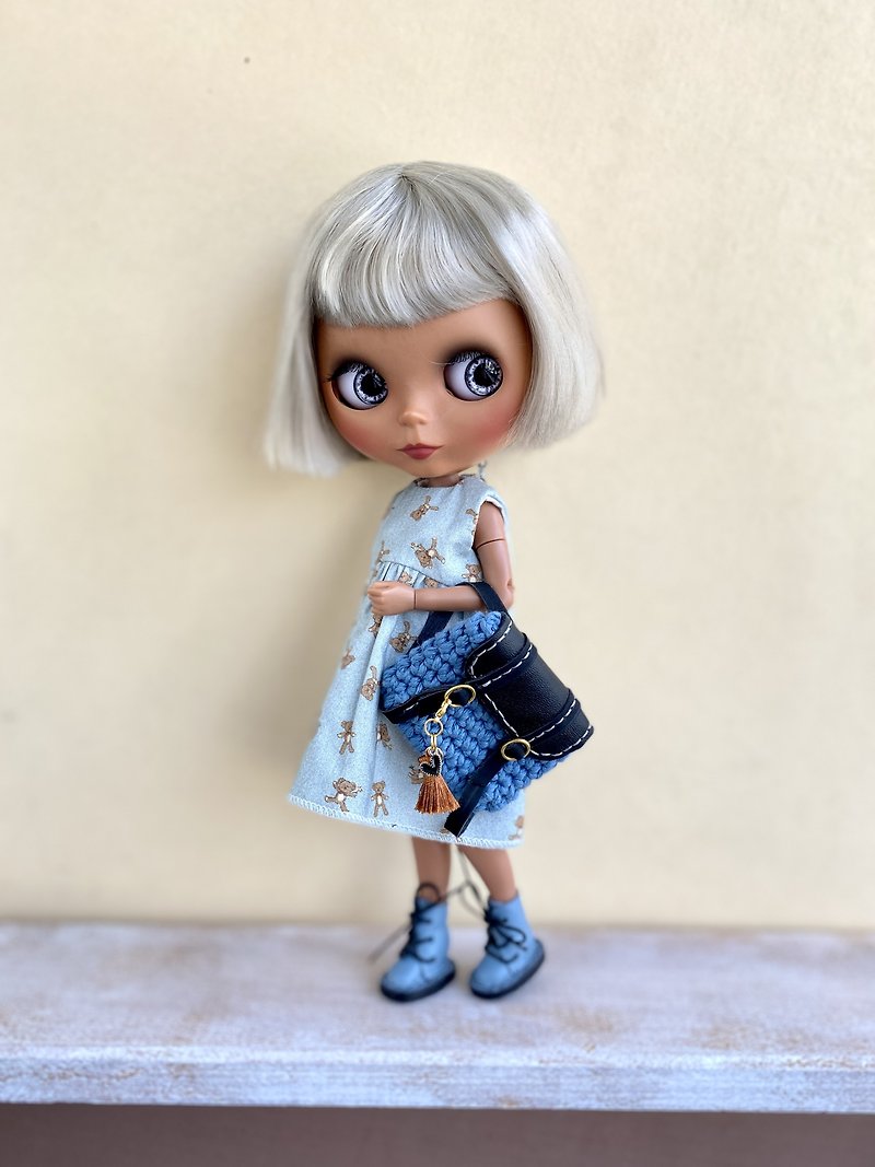 Blythe doll dress, clothes set, boots and bag , ready-made Blythe doll outfit - ของเล่นเด็ก - ผ้าฝ้าย/ผ้าลินิน สีน้ำเงิน