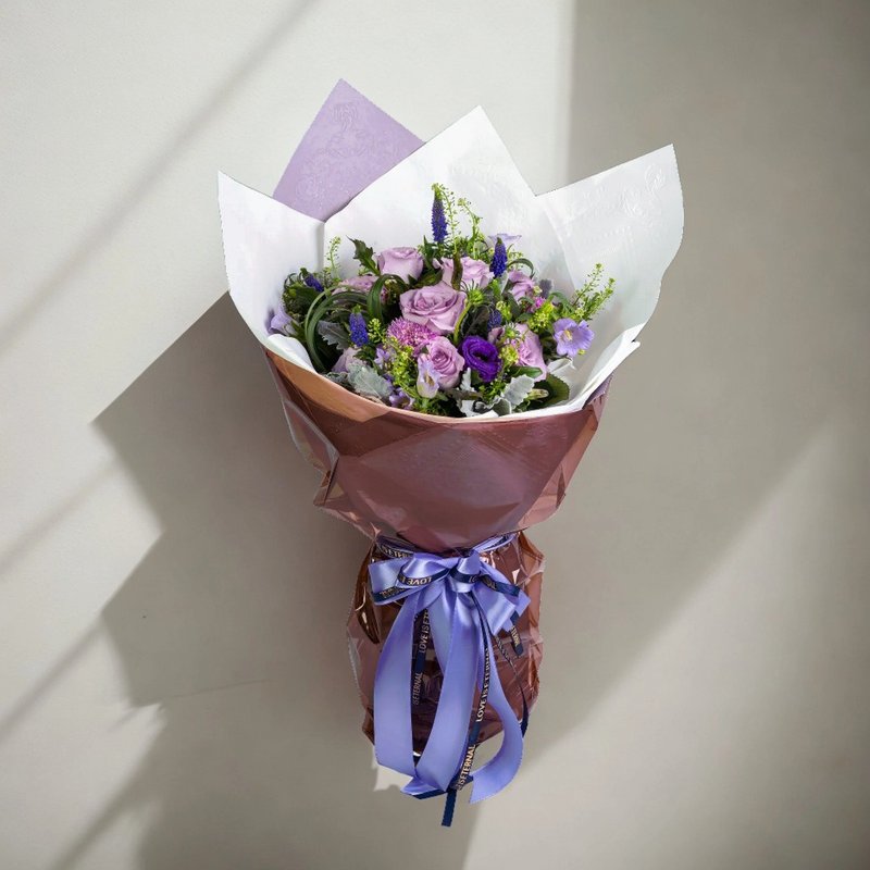 Plants & Flowers Plants - Flower Bouquet (11 Purple Roses &Mouse Tail, Spring Orchid Leaves, Campanula, C