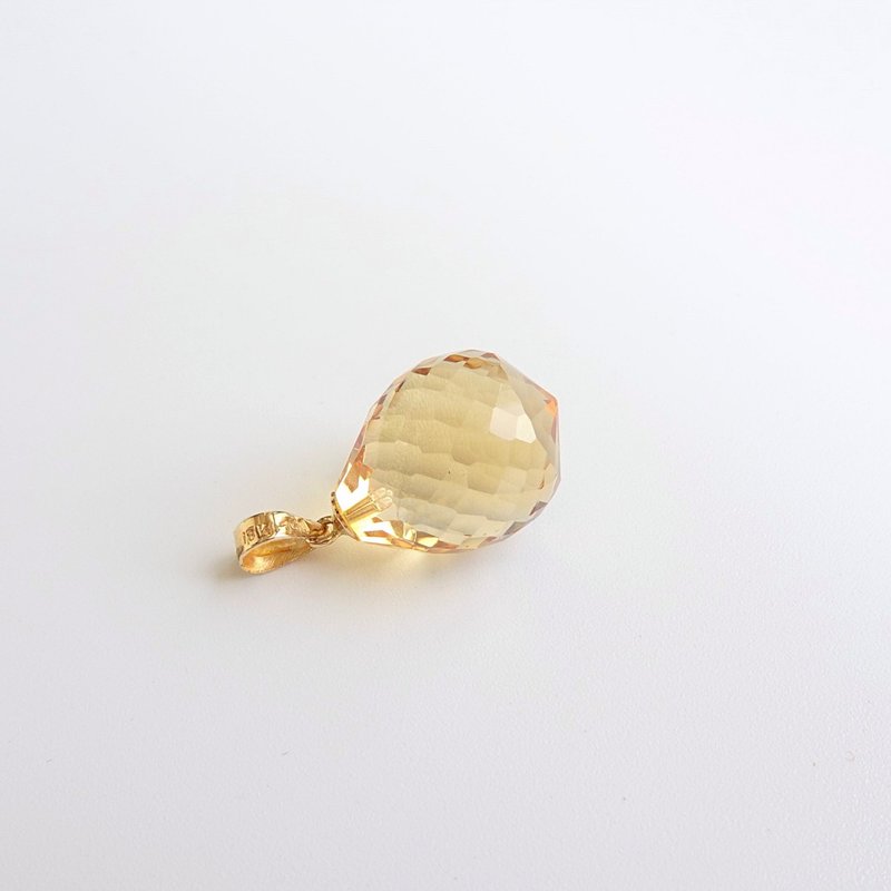 限量現貨 - 天然優質黃水晶 大號圓水滴切割 古董純 18K 金墜 - 項鍊 - 半寶石 黃色