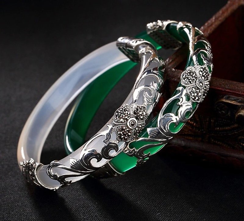 925 Silver Four Leaf Clover Bangles for Women Transparent Gemstone Bangle Ethnic - สร้อยข้อมือ - เงินแท้ สีเงิน