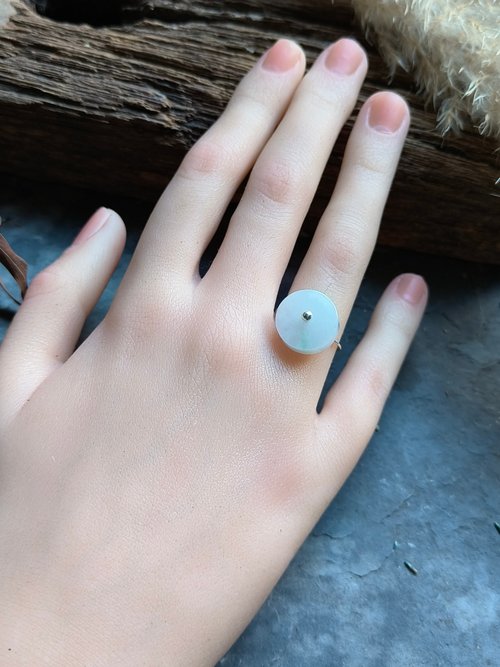 C.L Studio ore設計 天然緬甸糯冰種飄絲綠 平安扣翡翠14*4.5mm 銀戒指