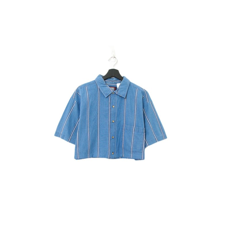 Back to Green-再製條紋短板襯衫 天藍ds-17//vintage shirt - 女襯衫 - 棉．麻 