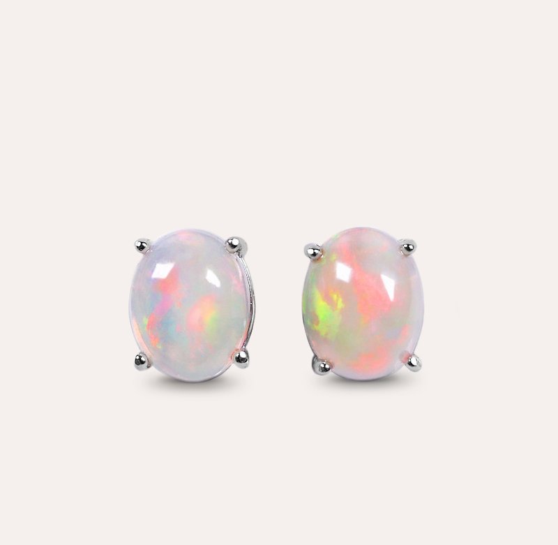 AND Opal white oval 7*9mm earrings classic series Oval E natural Gemstone - Earrings & Clip-ons - Silver White