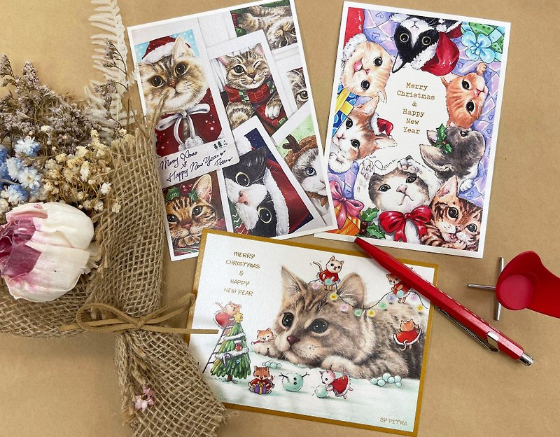 ＼偽猫好きシリーズ／猫のクリスマス祝福ポストカードセット（3枚セット） - カード・はがき - 紙 