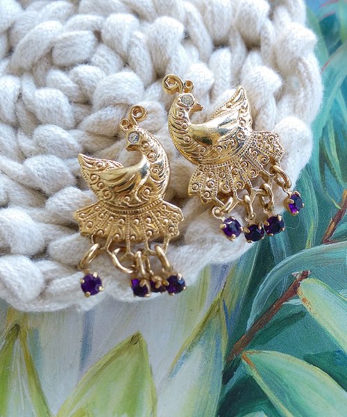 老時光角落 Vintage Jewelry 西洋古董飾品 AVON Peacock Dangle 針式耳環