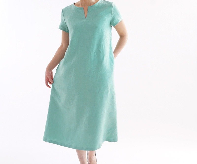 Belgian linen A-line crew slit dress / mint a21-3 - ชุดเดรส - ผ้าฝ้าย/ผ้าลินิน สีน้ำเงิน