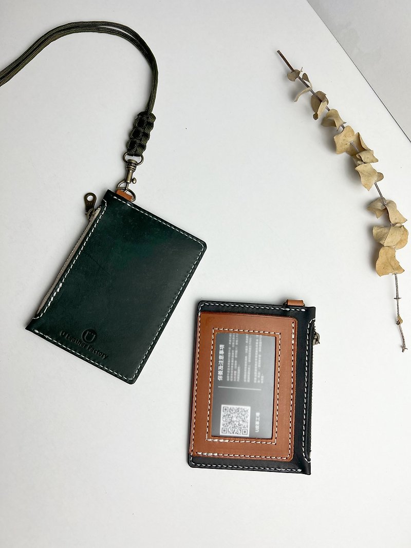 NEW-[Free engraved name] Identification card zipper coin purse l Identification card cover l - ที่ใส่บัตรคล้องคอ - หนังแท้ สีเขียว