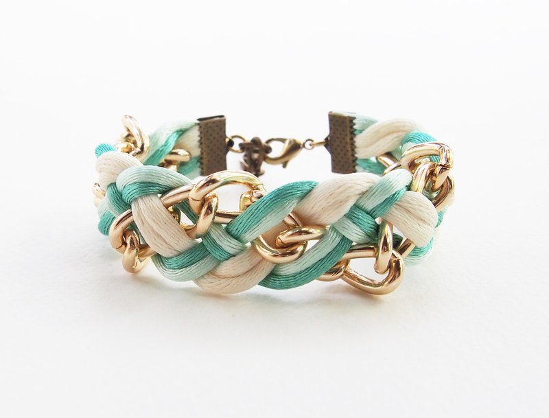 Mint/white braided with chain bracelet - 手鍊/手環 - 其他材質 綠色