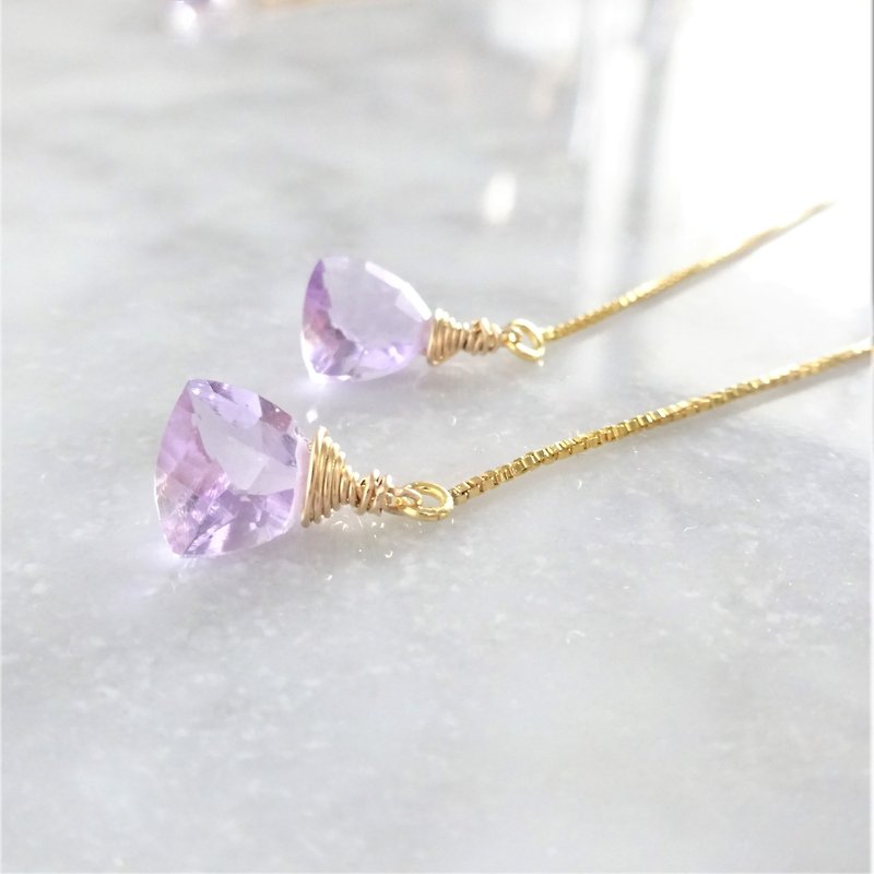 14kgf*宝石質 Pink Amethyst Triangl american pierced earring - Earrings & Clip-ons - Gemstone Purple