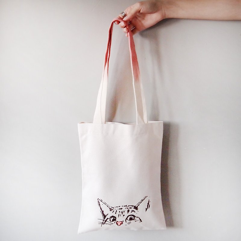 Meow  帆布手染印托特包 可裝 A4 小托特 - 側背包/斜背包 - 棉．麻 白色