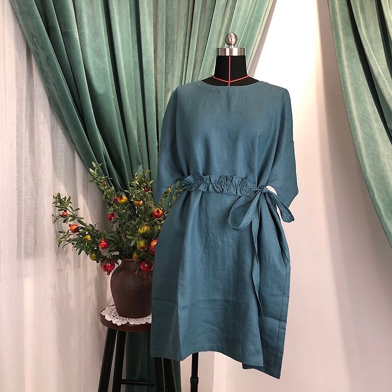 [Ladies' Day New Products] Blue-green lotus leaf belt one-piece dress [CONTRAST Karuo Shi] - One Piece Dresses - Cotton & Hemp Green