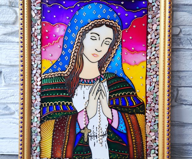 ステンドグラスオリジナル絵画祈りアイコン聖母マリア天使の壁の