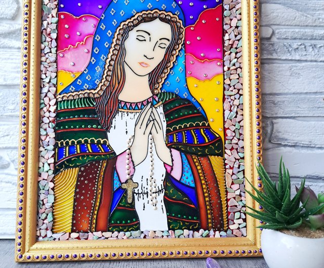 ステンドグラスオリジナル絵画祈りアイコン聖母マリア天使の壁の