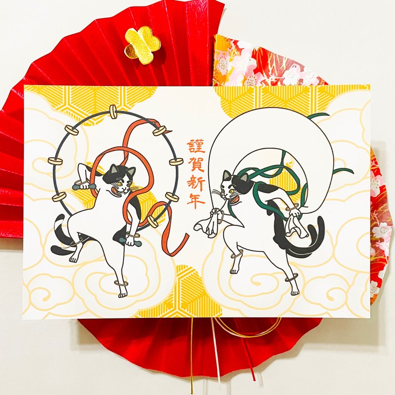 2026 風神雷神猫又 年賀状5枚セット お正月 新年 馬 午年 謹賀新年 賀正 迎春 日本 和 ポストカード 十二支 猫 - 卡片/明信片 - 紙 黃色