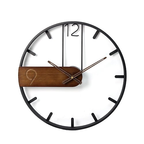iINDOORS英倫家居 鐵製設計時鐘 竹木色塊 53cm 黑色烤漆 台製機芯 鐵藝鐘