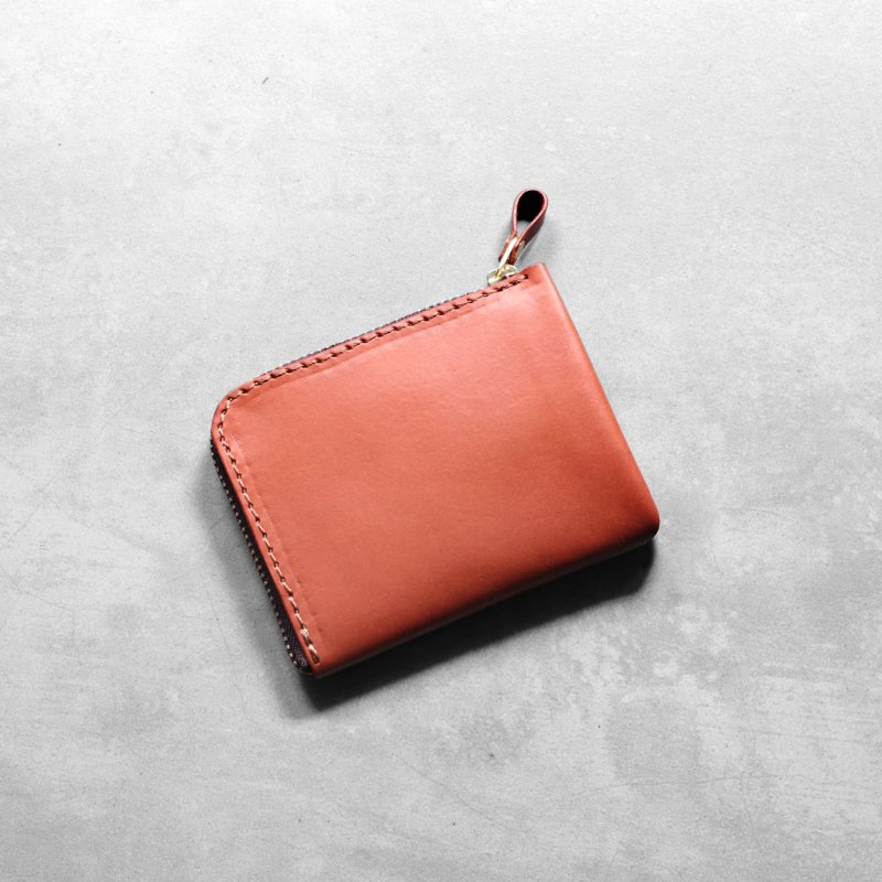 Retro large-capacity L-shaped zipper small wallet | antique red vegetable tanned cow leather | multi-color - กระเป๋าสตางค์ - หนังแท้ สีนำ้ตาล