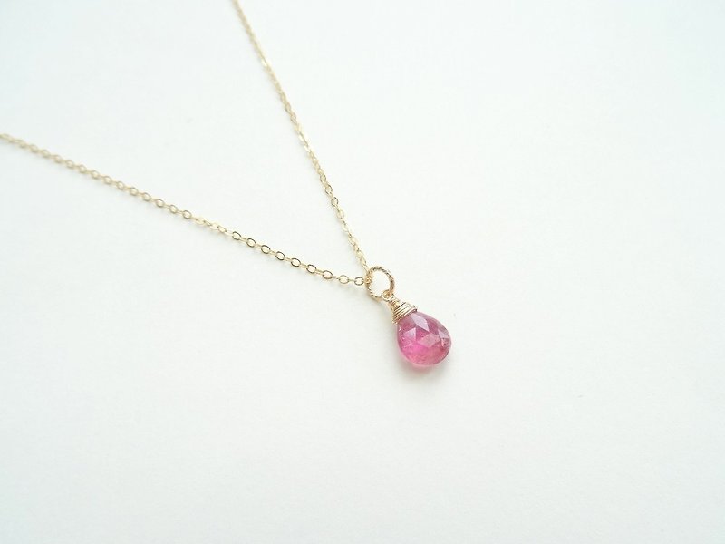Rose Pink Tourmaline Faceted Teardrop Briolette Dangle Dainty 14K GF Necklace - Collar Necklaces - Gemstone Pink