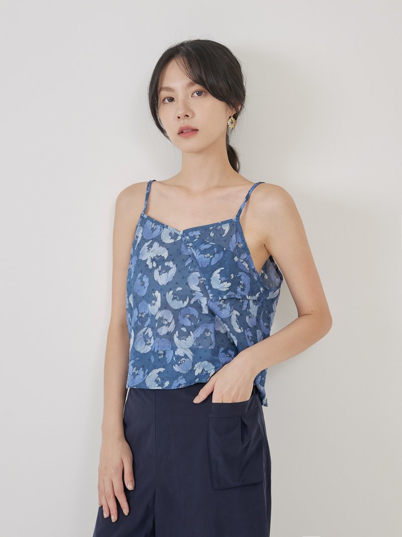 PINKOI ONLY 潮境風起細肩帶上衣-大坪海 - 背心/無袖上衣 - 棉．麻 藍色