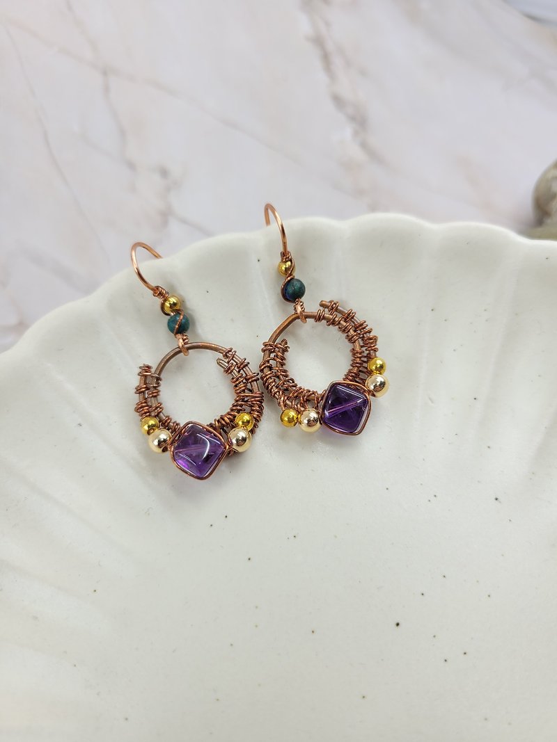 Amethyst hand-wound copper ethnic earrings - Earrings & Clip-ons - Copper & Brass 