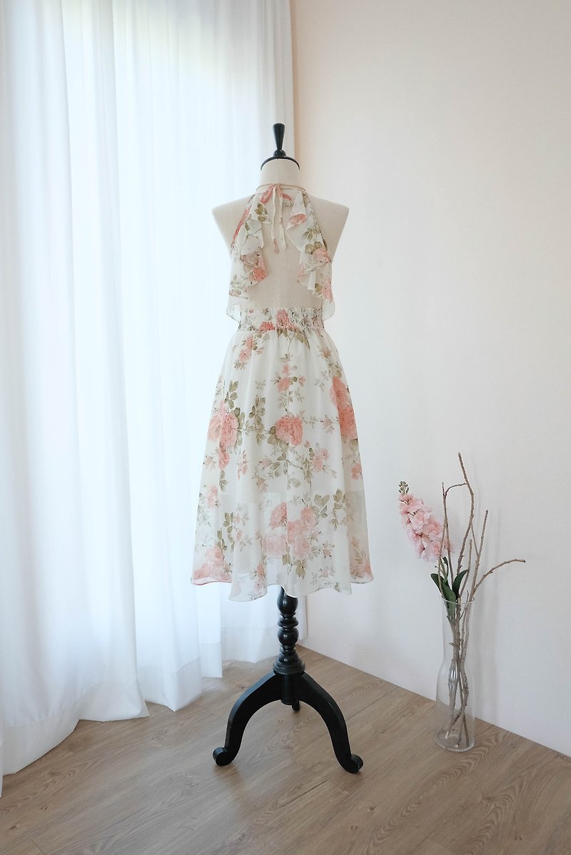 Creamy white dress Peach floral Bridesmaid dress Mid Length Cocktail Dress - 洋裝/連身裙 - 聚酯纖維 白色