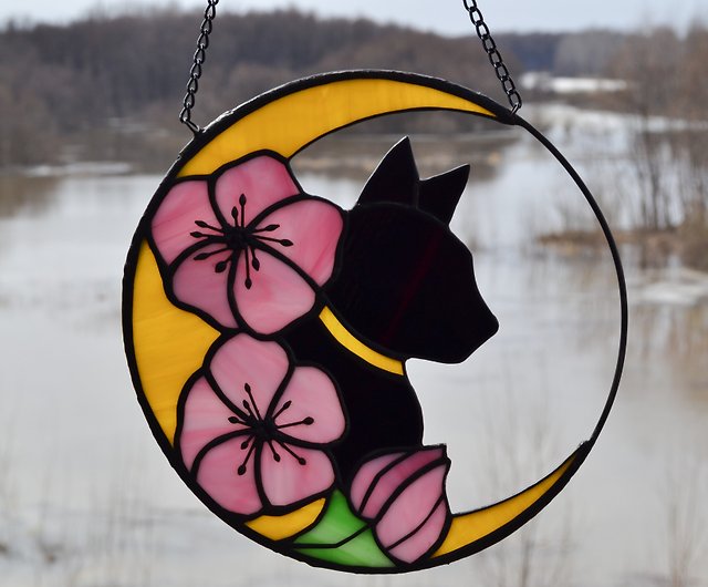 ステンドグラス 月の黒猫ドリームキャッチャー、桜の花サン