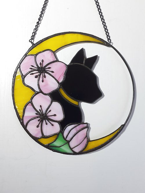 ステンドグラス 月の黒猫ドリームキャッチャー、桜の花サン 