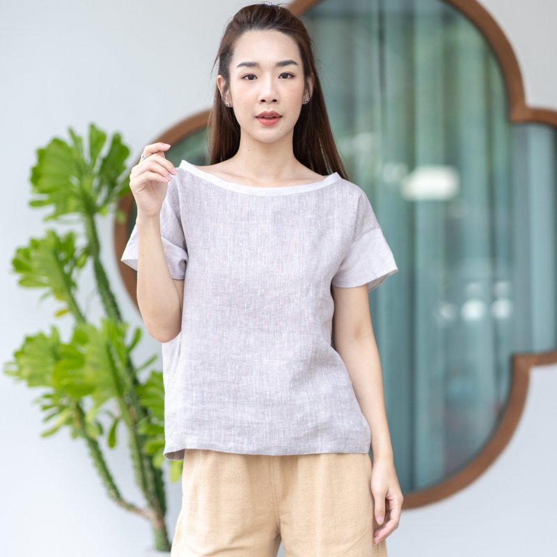 Natural Linen Top Minimal Top Simple Top - Two Tone Very Light Grey/Medium Grey - 女上衣/長袖上衣 - 亞麻 灰色