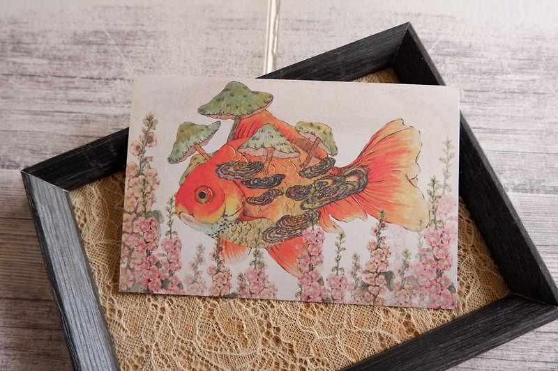 flower, fish and fungus mushroom postcard - การ์ด/โปสการ์ด - กระดาษ สีส้ม