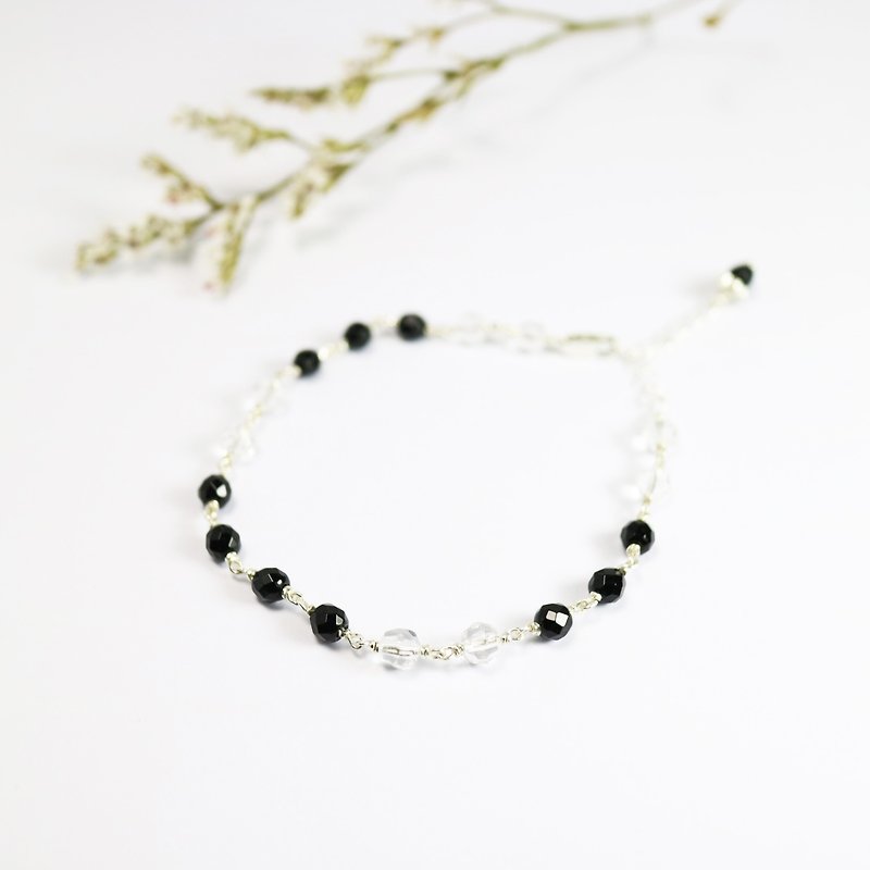 Smile a little~black agate_white crystal sterling silver bracelet - Bracelets - Gemstone Black