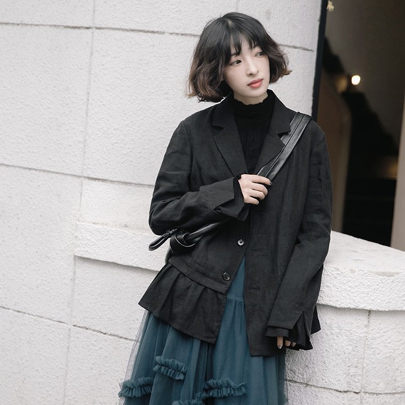 Irregular stitching slim suit | jacket | summer and autumn models | linen | Sora-333 - เสื้อแจ็คเก็ต - ลินิน สีดำ