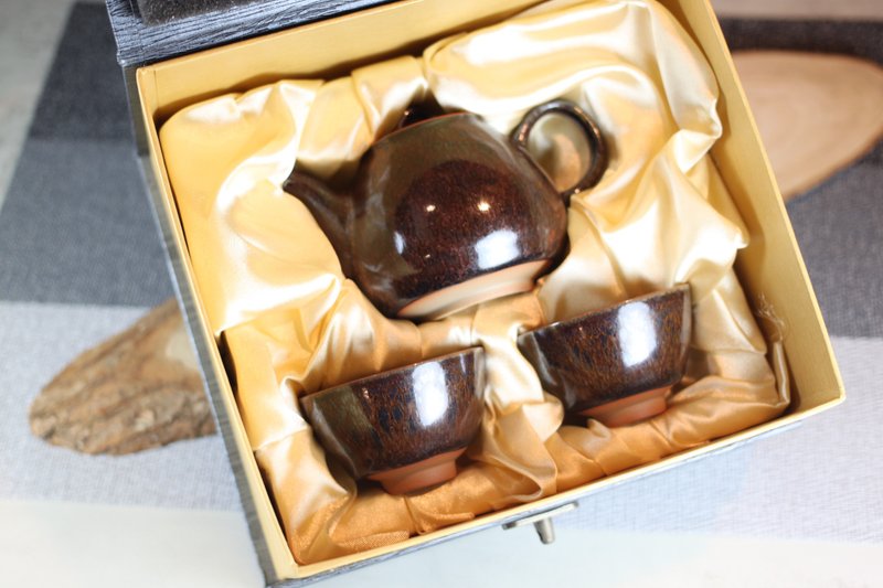 【送禮好物】180ml 疲倦 天目釉 一茶壺兩杯組 鶯歌葉敏祥作 - 茶壺/茶杯/茶具 - 瓷 