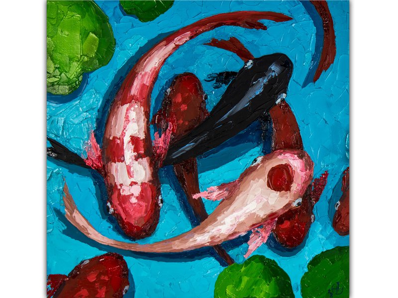 Koi Fish Painting Feng Shui Original Hand-Painted Japanese Impasto Oil Painting - Posters - Other Materials Red