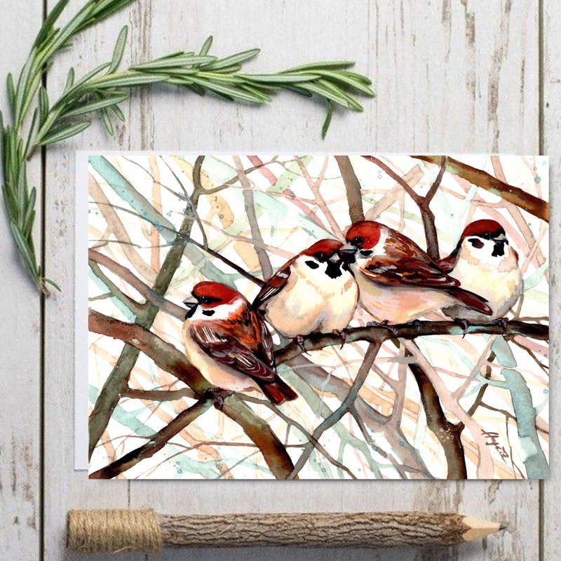 Watercolor original sparrows bird 8x11 inch room decor painting by Anne Gorywine - 壁貼/牆壁裝飾 - 紙 藍色