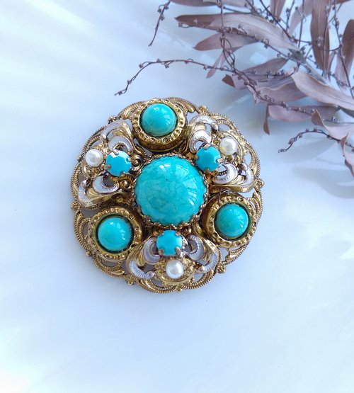 西洋アンティークジュエリー】グリーンレース立体フラワーピンブローチ