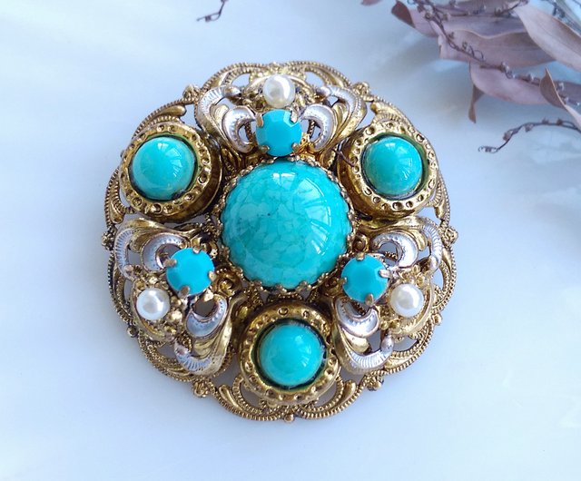 西洋アンティークジュエリー】グリーンレース立体フラワーピンブローチ
