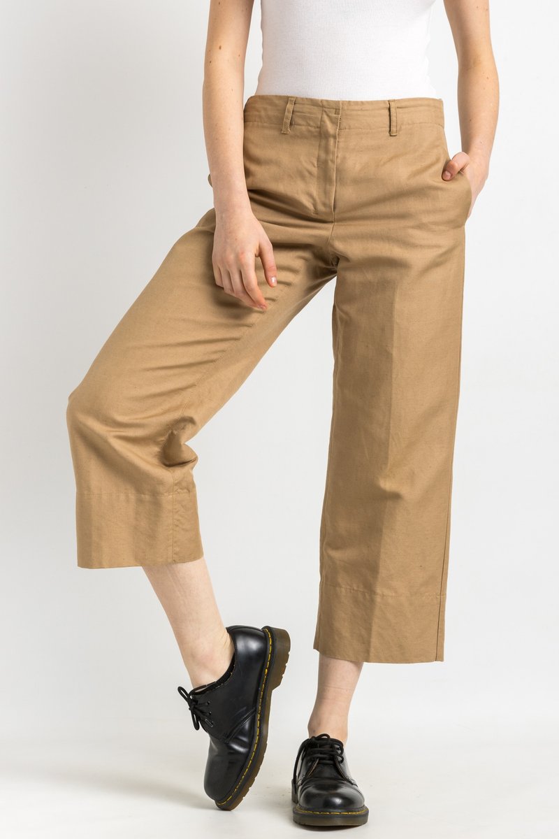 Max Mara Cotton Beige Culottes Straight Leg High Waisted Woman Pants 6145 - 女長褲 - 棉．麻 卡其色