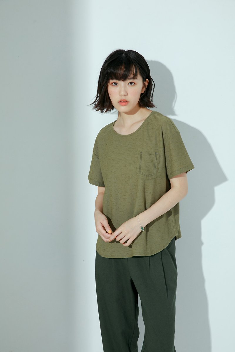 [Seasonal Sale] Happy Small Pocket Short Sleeve Top - Qingye - Women's Tops - Polyester Green