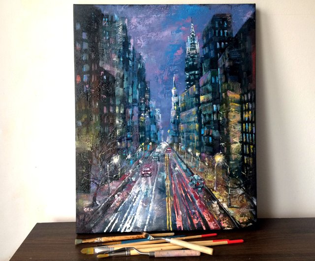 Painting Night City. Original oil painting on black canvas Shop