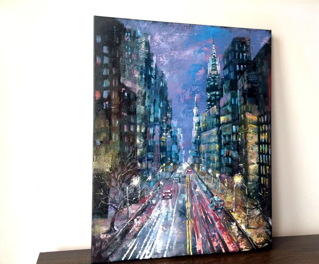 Painting Night City. Original oil painting on black canvas Shop