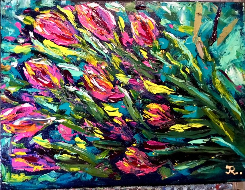 Tulips impasto style painting,original oil painting on canvas - 壁貼/牆壁裝飾 - 其他材質 紅色