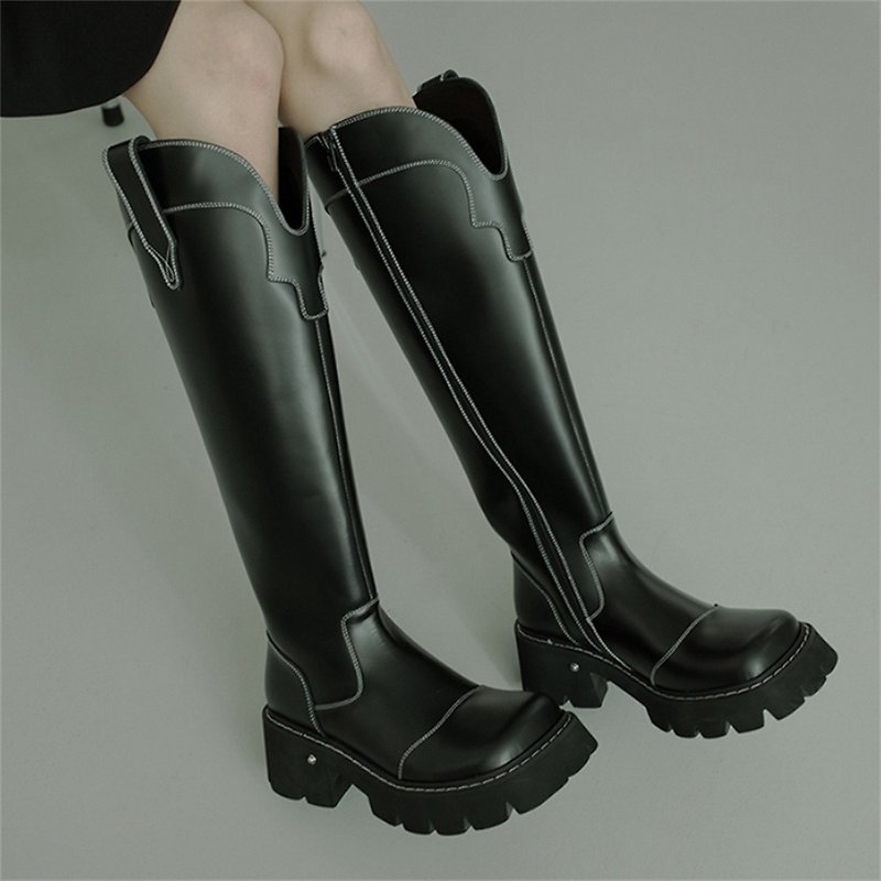 Black open-edge beaded cowhide Glagoli thick-soled big-toe tough western boots high boots - รองเท้าบูทยาวผู้หญิง - หนังแท้ สีดำ