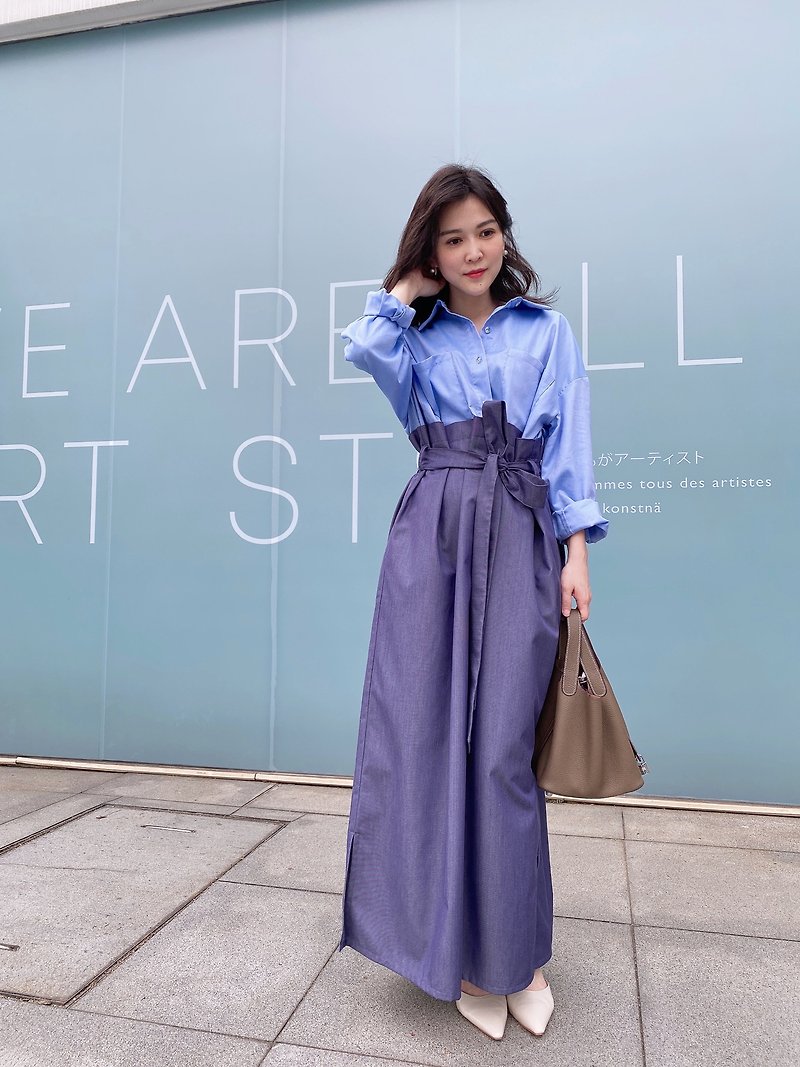 cocorose color contrast shirt dress Ji blue - ชุดเดรส - ผ้าฝ้าย/ผ้าลินิน 