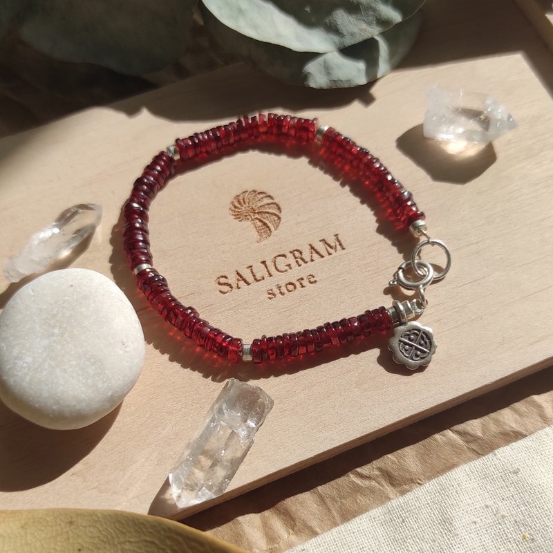 Garnet Bracelet - Heishi style beads with Karen hill Tribe Lotus seeds charm - Bracelets - Gemstone Red